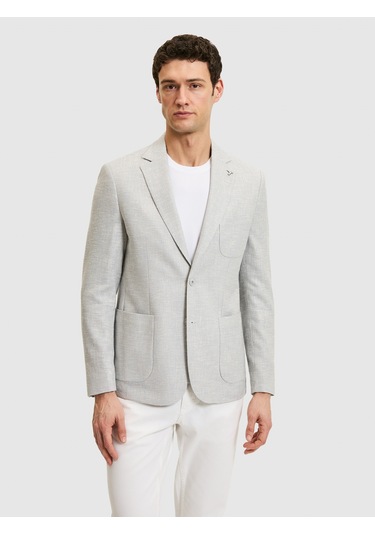 Cacharel Açık Gri Slim Fit Yün Keten Karışımlı Ceket