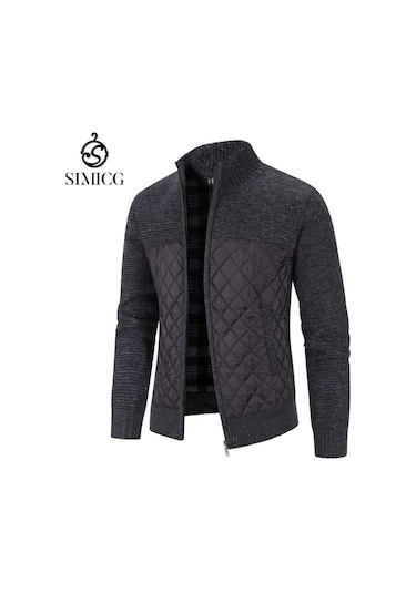 Erkek Kalınlaştırılmış Bol Kesim Hırka Eşkenar Dörtgen Desenli - Siyah Siyah