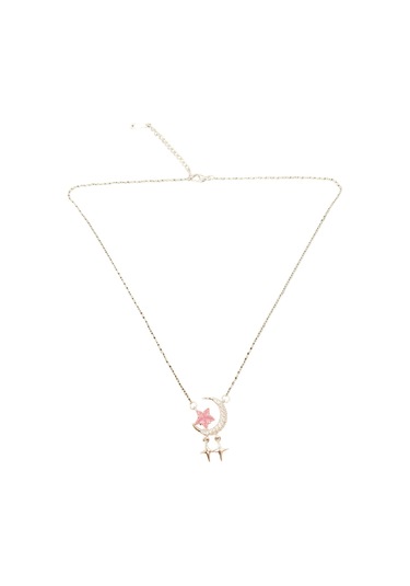 Gümüş Renk Ay Ve Yıldız Figürlü 316l Çelik Kolye Pembe Taş Detaylı Şık Ve Anlamlı Hediye Gümüş