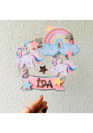 Unicorn Gökkuşağı Temalı Kız Çocuk Doğum Günü Pasta Süsü