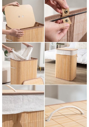 İronika Bambu Kirli Çamaşır Sepeti Halatlı Bambu Çamaşır Oyuncak Sepeti Dikdörtgen Açık Kahverengi