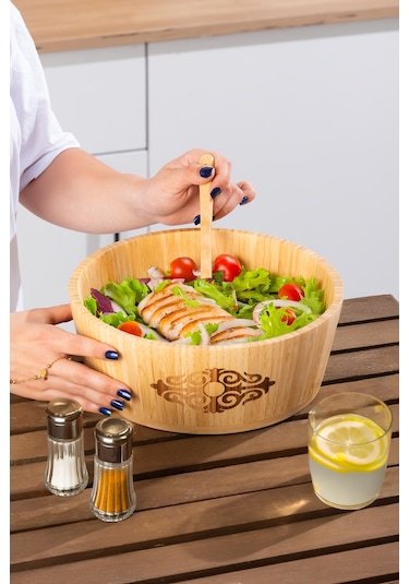 Porsima 2060 Büyük Boy Doğal Bambu Salata Kasesi 26cm Ahşap