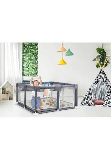 Original Playard Plus Güvenli Bebek Ve Çocuk Oyun Alanı Oyun Parkı 120x120 Oyun Matı Ve Topları Gri