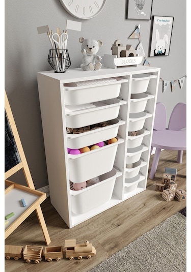 %100 Mdf - Medium Duo 12 Sepetli Oyuncak Dolabı Beyaz