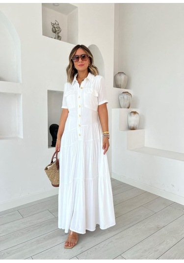 Kadın Dokuma Kumaş Cep Detaylı Maxi Boy Gömlek Elbise Beyaz