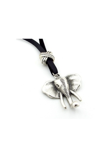 Solfera Fil Elephant Metal Madalyon Orjinal Siyah Deri Erkek Kolye Q0653 Siyah