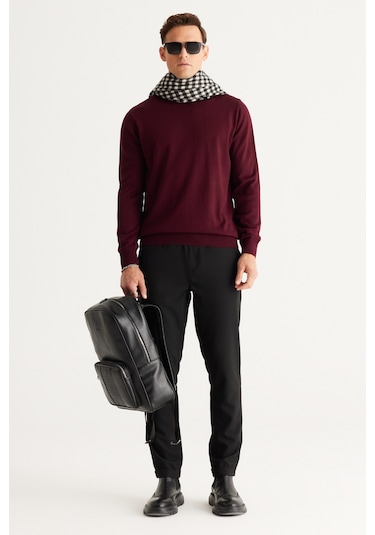 Erkek Bordo Sıyah 2'li Paket Standart Fit Normal Kesim Yarım Balıkçı Yaka Basic Triko Kazak Bordo Sıyah