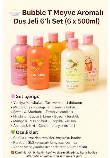 Bubble T Duş Jeli 6 Lı Set 500ml Vanilya, Muz, Şeftali, Hindist