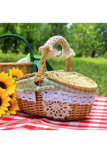 Pazly Cbtx Keten Hasır Battaniye, M - Yeşil Izgara, Ev Depolama Sepeti, Piknik Kutusu Ahşap