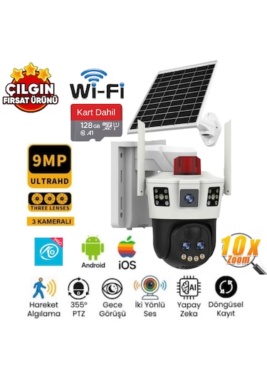 O-kam 7050 3mp+3mp 6mp 10x Optik Zoom Wi-fi Solar Panelli 2 Lens Alert Ptz + 128gb Sd Kart Dahil