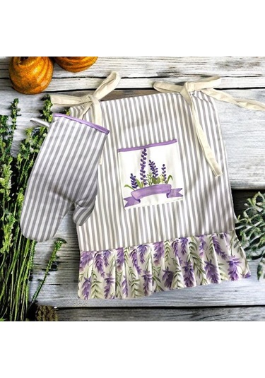 Lavanta Desen, Fırfırlı, Fırın Önlüğü Örtüsü Ve Eldiveni