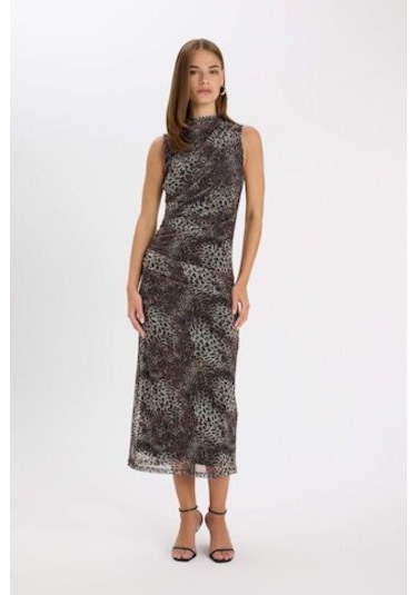 DeFacto Bodycon Vücuda Oturan Bisiklet Yaka Leopar Desenli Tül Kolsuz Maxi Elbise D5061AX24AUBN192