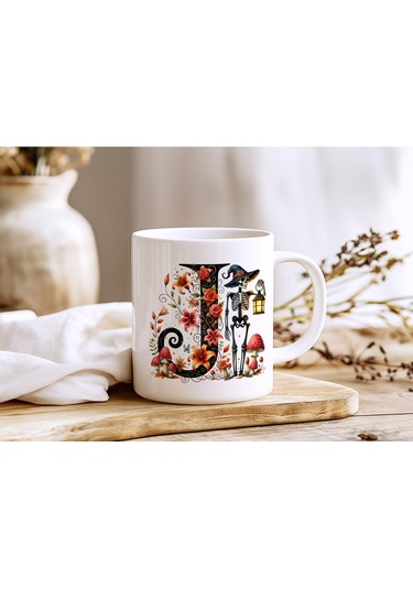 J Harfi Şapkalı İskelet Figürlü Ve Çiçekli Kupa Bardak - Cadılar Bayramı / Halloween Özel Hediye 07 Beyaz