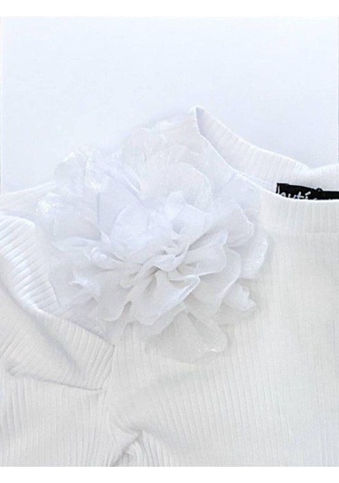 Kız Çocuk Kol Detaylı Çiçekli Fitilli Bluz-14802 Beyaz