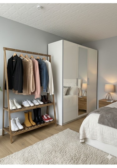 Konfeksiyon Elbise Askılık İki Raflı 148 105 Cm Kahverengi