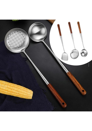 Homyl Paslanmaz Çelik Wok Spatula Kepçe Skimmer Alet Seti Gümüş GÜmüş