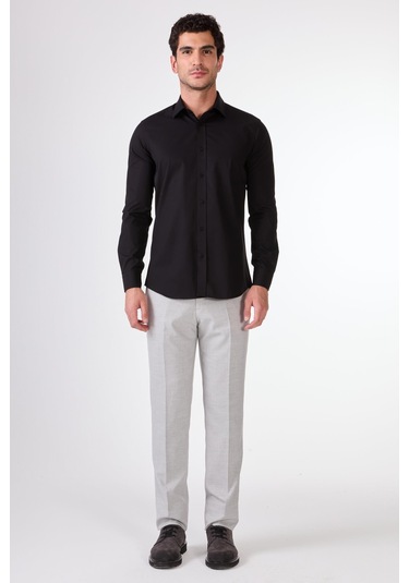 Siyah Düz Renk Slim Fit Uzun Kol Erkek Gömlek Siyah