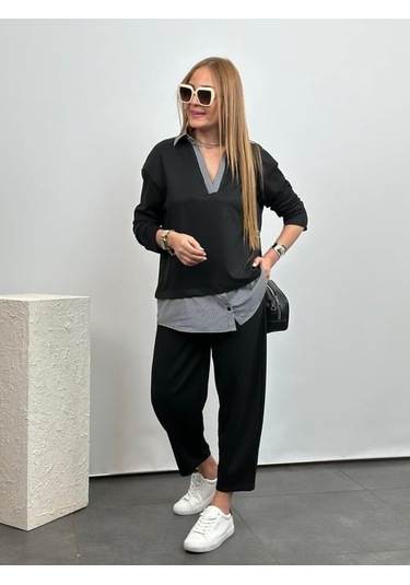 Sensuelle Polo Yaka Gömlek Detay Salaş Balon Pantolunlu Ikılı Takım Siyah