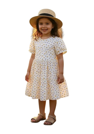 Çiçekli Kız Çocuk Yazlık Elbise St08993 KREM
