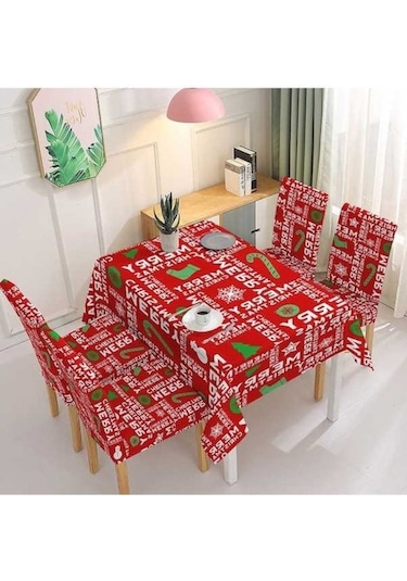 Flybuy Noel Baskılı Sandalye Kılıfı, Streç Masa Örtüsü, Kırmızı Harfler, 140cm, Su Geçirmez, Toz Geçirmez, Yağ Geçirmez, Şenlikli Dekorasyon Kırmızı