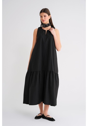 4695 Kadın Eteği Pileli Fermuar Detaylı Uzun Paraşüt Elbise Siyah Siyah