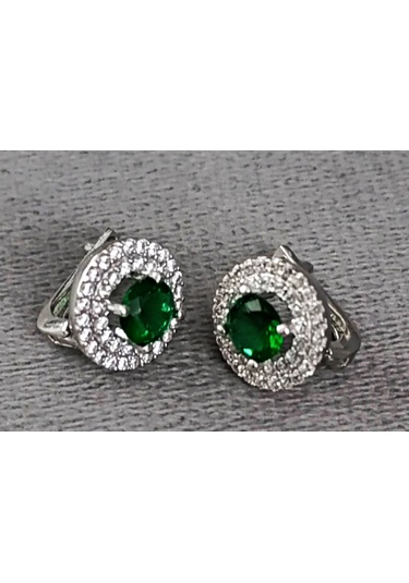 Lilahgümüştr Gümüş Yeşil Taşlı Yuvarlak Kadın Kolye Küpe