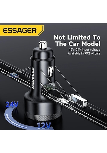 Monyee Essager 105w Süper Hızlı Şarj 2c+a Üç Portlu Alüminyum Sayısal Göstergeli Araç İçi Telefon Şarj Cihazı Siyah Siyah