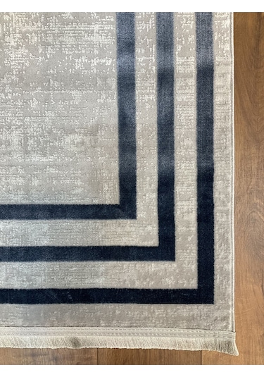 Saraz Halı Çerçeve Model Bambu Yıkanabilir Parlak Halı Mavi Çizgi Mavi-gri