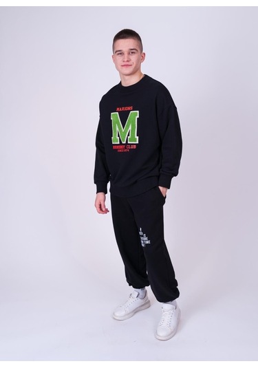 Erkek Çocuk M Harfi İşlemi Sweatshirt-13403-siyah Siyah