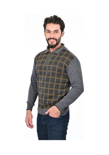 Kamalı Yakalı Baba Kazak Çizgili Baba Kazak Baba Triko Yakalı Erkek Kazak Polo Yaka Gri