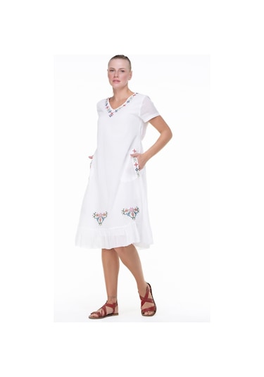 Kısa Kol Şile Bezi Mehtap Midi Boy Nakış Detaylı Elbise Krem Krm-krem