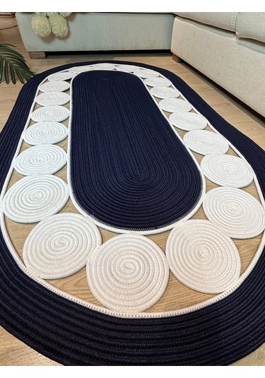 Cookie Jüt Hasırlı El Örgüsü Kilim Lacivert - Beyaz