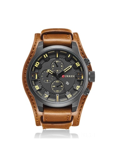 Suofeng Curren 8225 Erkek Spor Kol Saati Büyük Kasa Beyaz Ekran Kahverengi Deri Kemer-iç/ Dış Mekanlar İçin Dayanıklı Tasarım Siyah