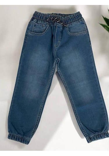 Çocuk Beli Paçası Lastikli Lycralı Kot Pantolon-14954 Mavi