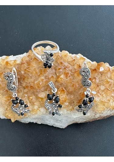 Aysesa Otantik Oniks Taşlı Kadın Gümüş Set 2küpe+kolye+yüzük 925 Ayar