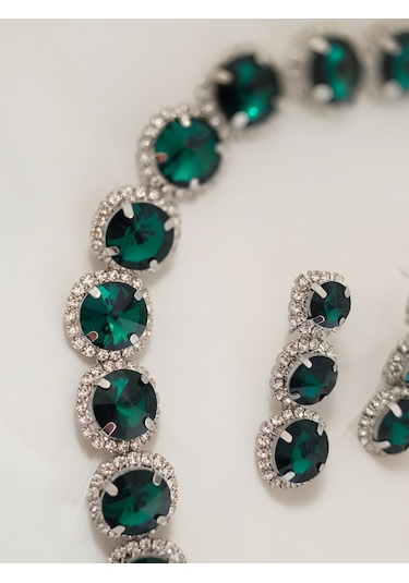 Riviere Kristal Taşlı Çiçek Model Yeşil Renkli Kolye Küpe Set
