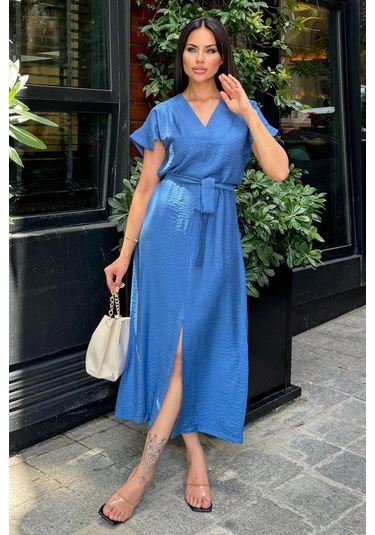 İndigo V Yaka, Kısa Kol, Airobin Kumaş, Omuz Detaylı, Kemerli/kuşaklı, Önden Yırtmaçlı Maxi Elbise Indigo