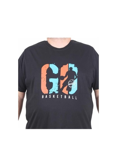 Starbattal Erkek Büyük Beden Sıfır Yaka Tişört Lets Go 25161 Sıyah Siyah