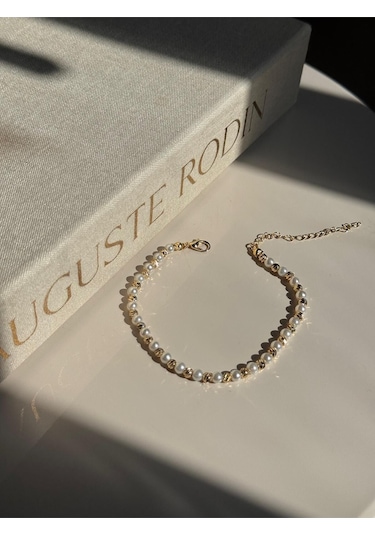 İnci Ve Altın Renk Boncuklu Kadın Halhal Ayarlanabilir Zarif Yazlık Aksesuar Altın