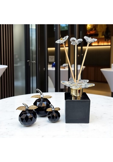 Dekoratif Kristal 7 Parça Set Üçlü Elma Ve Koku Şişesi Siyah Gold 01