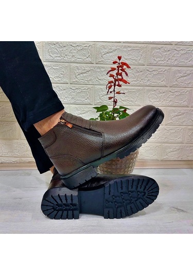 M.p 4204 Kahve Hakiki Deri Bağacaksız Fuspetli Sıcak Astar Erkek Bot 001