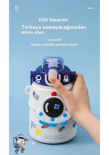 Skycity Uzaylı Desenli 850ml Termos Bardak, Pipetli Su Kâsesi, Yıldızlı Mavi Büyük Kupa + Sticker + 3d Yapıştırıcı MAvi
