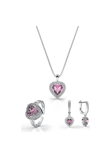 925 Ayar Pembe Taşlı Rodyum Pırlanta Işıltılı Kalp 3'lü Gümüş Set-takım Ayarlanabilir Gümüş