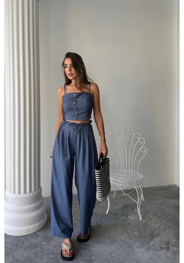 Tencel Crop Askılı Bluz - Şalvar Pantolon Tk - İndigo İndigo