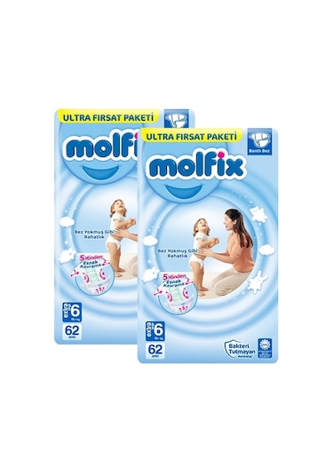 Molfix Bebek Bezi 6 Numara Xlarge Ultra Fırsat Paketi 2 x 62 Adet 2'li