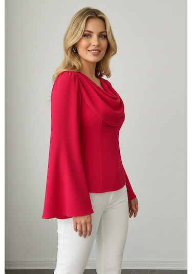Khi-zai Kadın Degaje Yaka Şehirli Stil Bluz Pembe