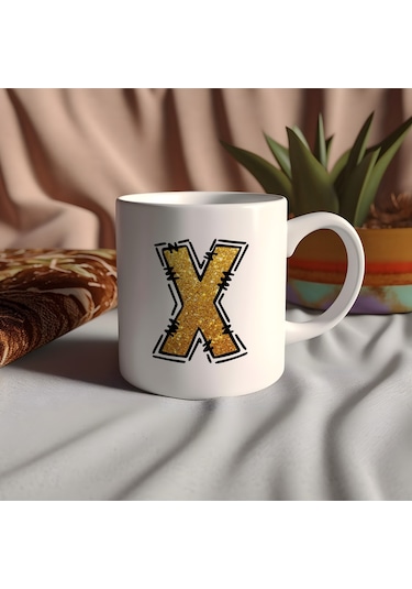 X Harfi Gold Simli Kupa Işıltılı Alfabe Harf Tasarımlı Kahve Kupası - Kişiye Özel Hediye Beyaz