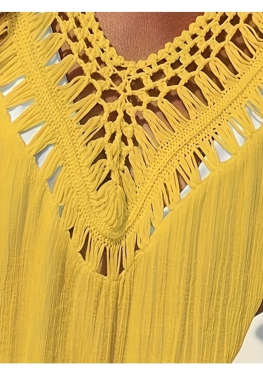 Zarif Tığ İşi Şık V Yaka Kolsuz Yarı Transparan Plaj Elbisesi Sarı