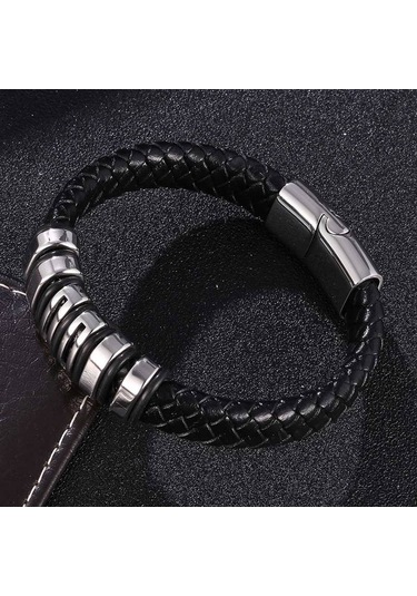 Dokuma Deri İp Sarma Özel Stil Klasik Paslanmaz Çelik Erkek Deri Bileklik Yeni Tasarım Dekorasyon Bb1082 Siyah