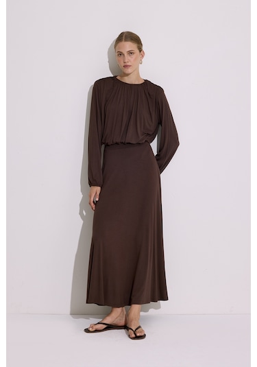 Dökümlü Balon Form Bluz Kahverengi Kahverengi